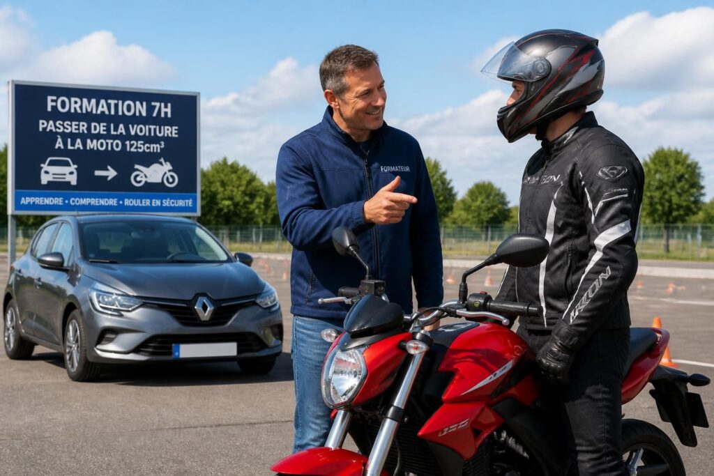 formation de 7 heures pour apprendre à passer de la voiture à la conduite d'une moto 125, avec des conseils pratiques et une préparation optimale pour une transition en toute sécurité.