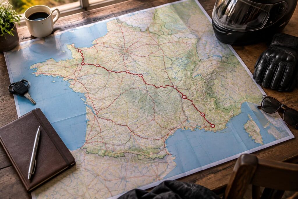 consultez la carte des autoroutes françaises et préparez votre long trajet à moto ou en voiture : itinéraire, réseau autoroutier et points de repère.